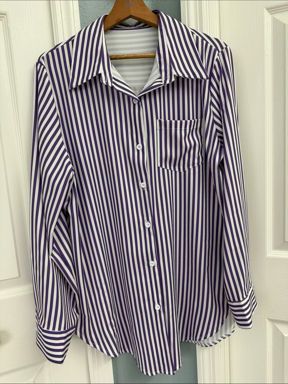 Purple and White Striped Women’s Button-Up Shirt XL SHEIN